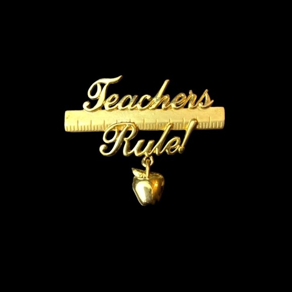 Teachers Rule Gold Tone Brooch with a Ruler and a Apple Charm Pin - Picture 3 of 11